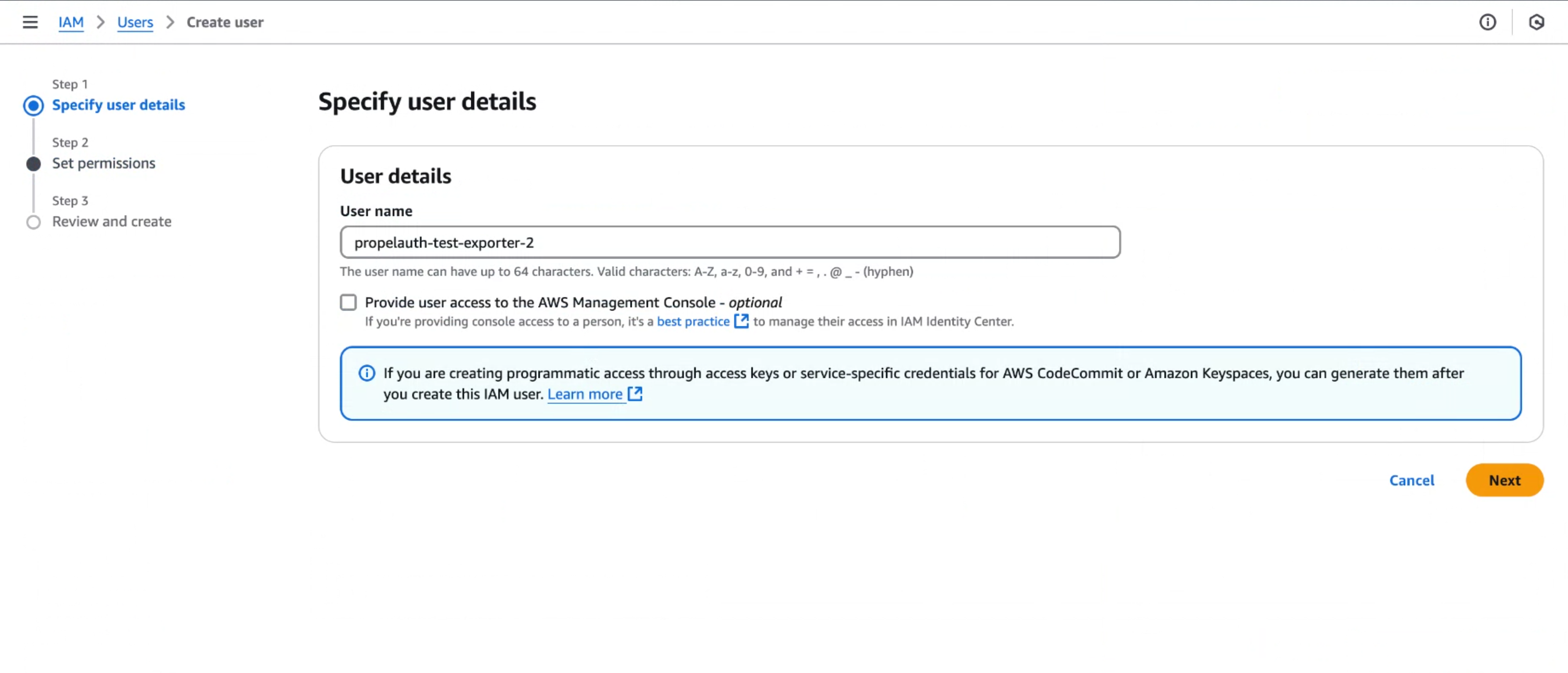 Creating a new IAM user