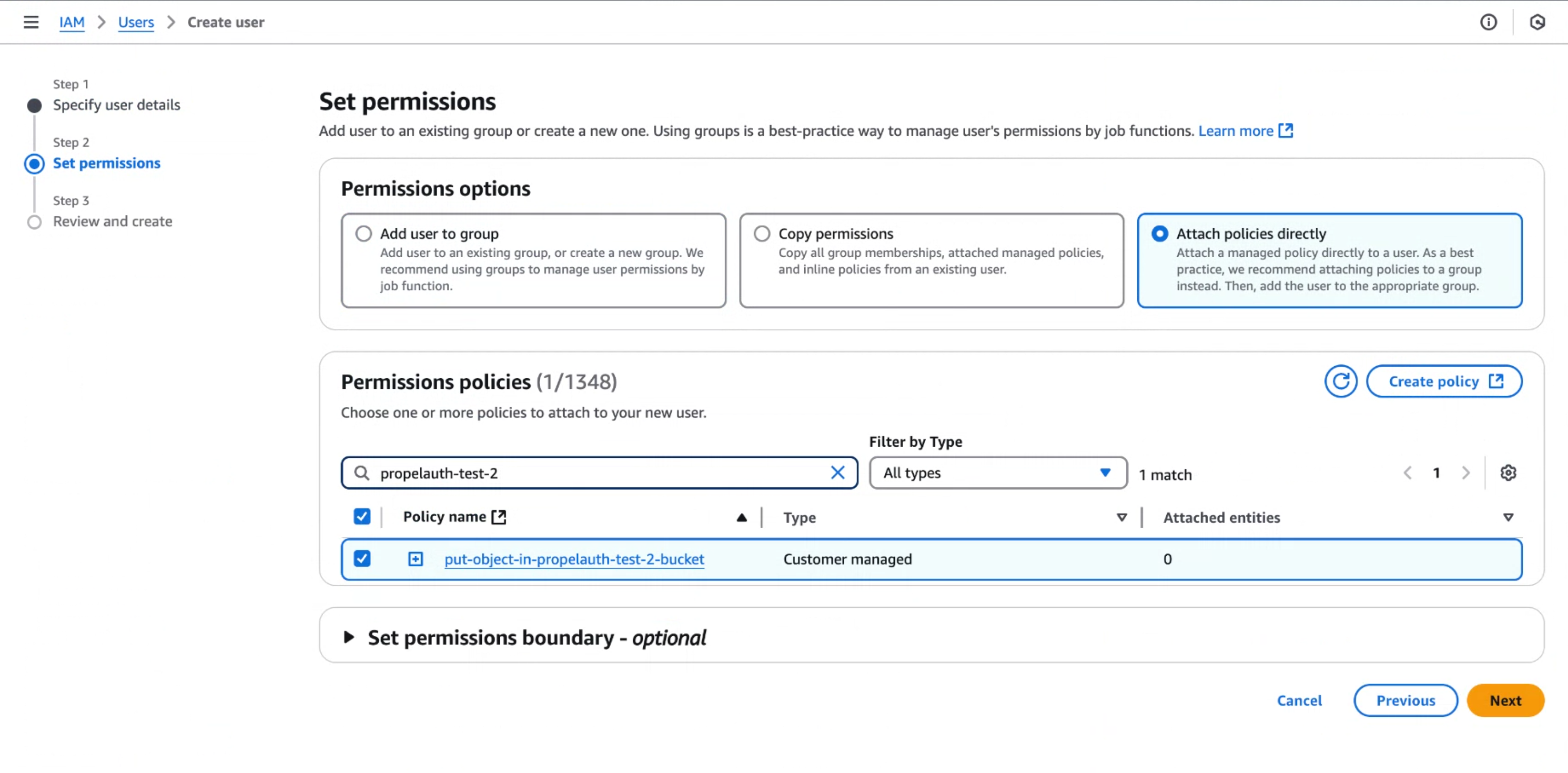 Adding a policy to a user
