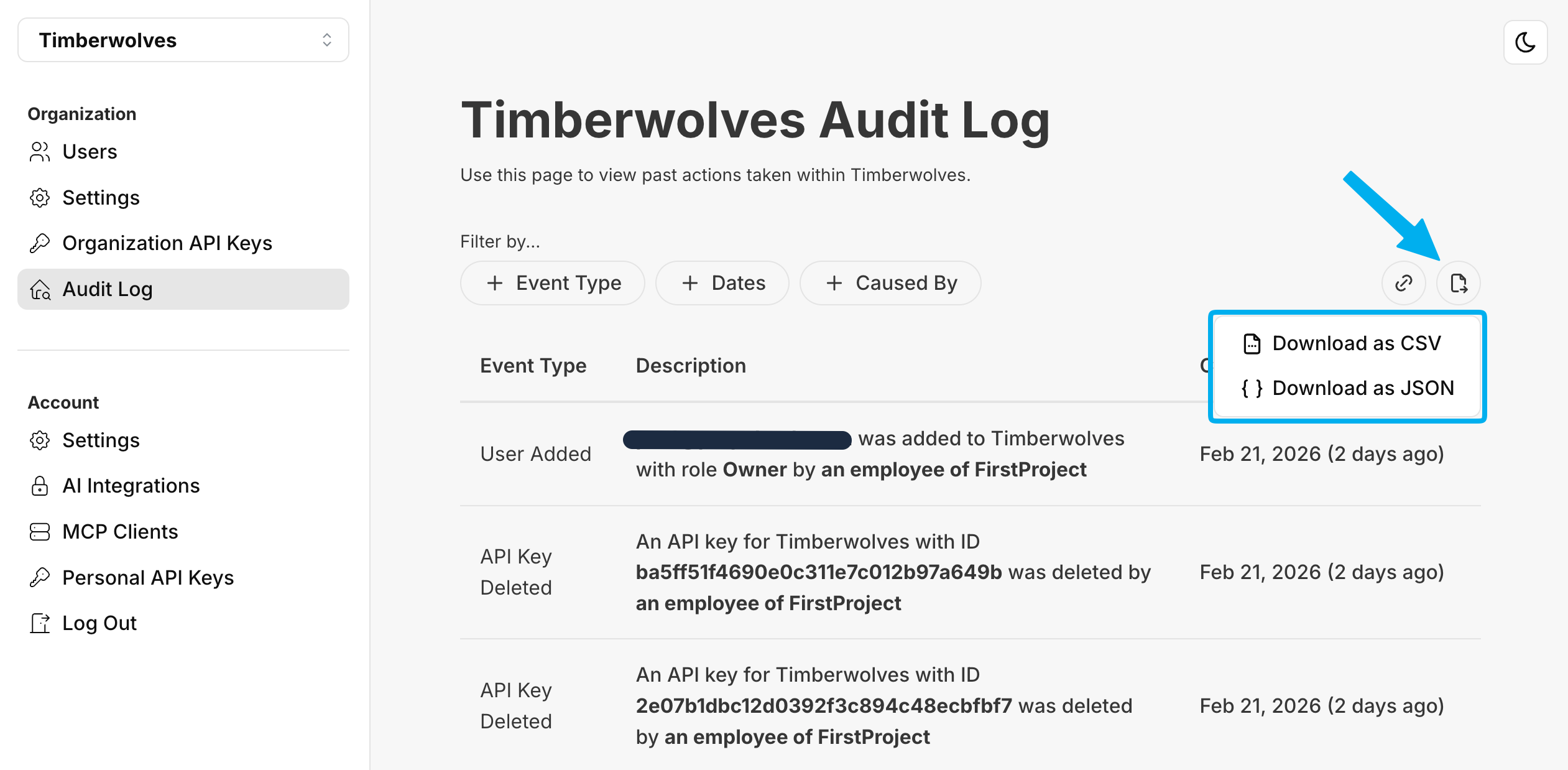 Exporting customer facing audit logs