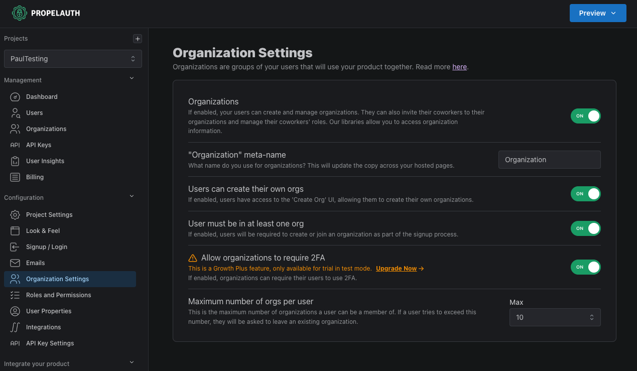 Org Settings Page