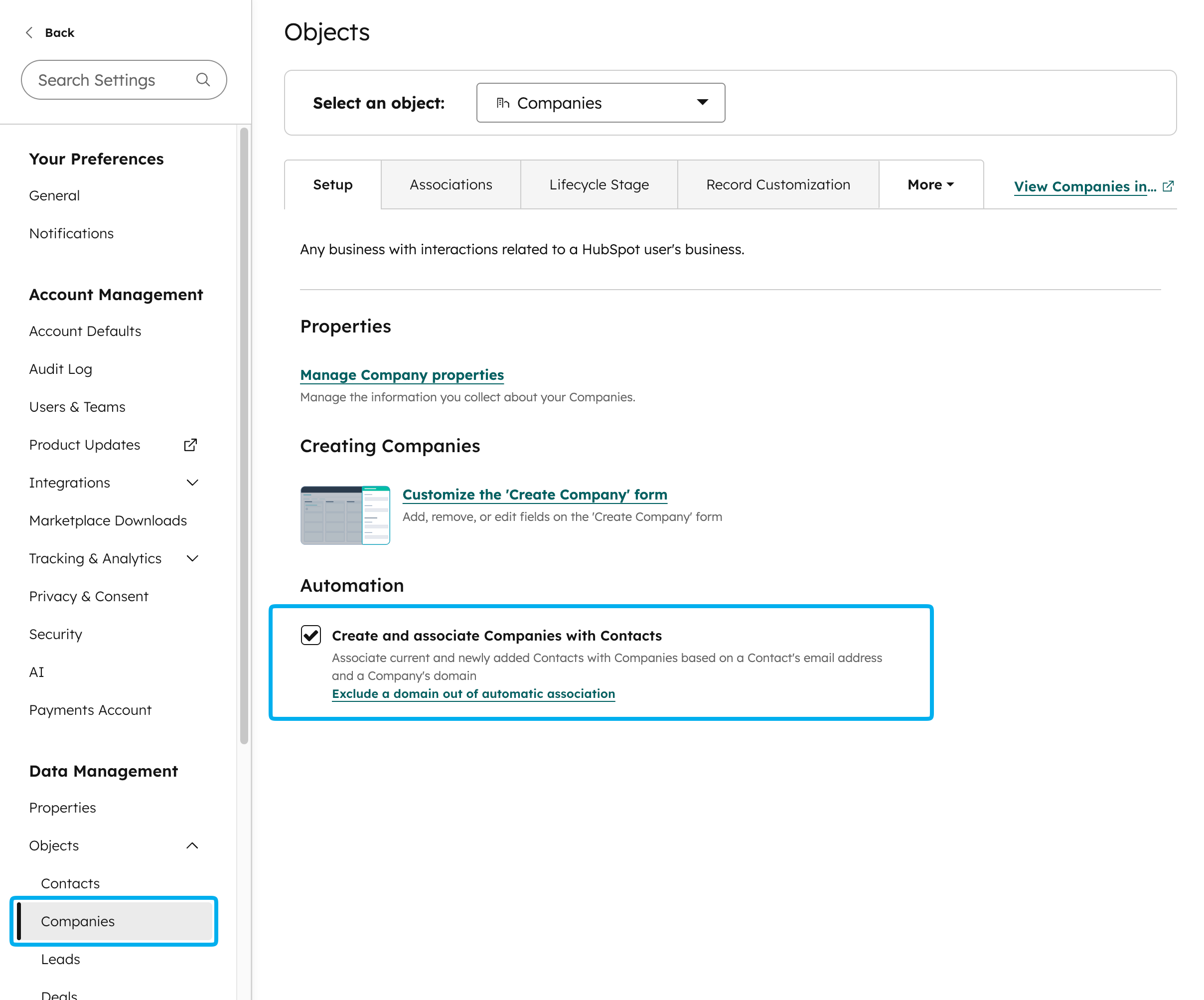 Enabling Create and Associate Companies with Contacts setting in HubSpot