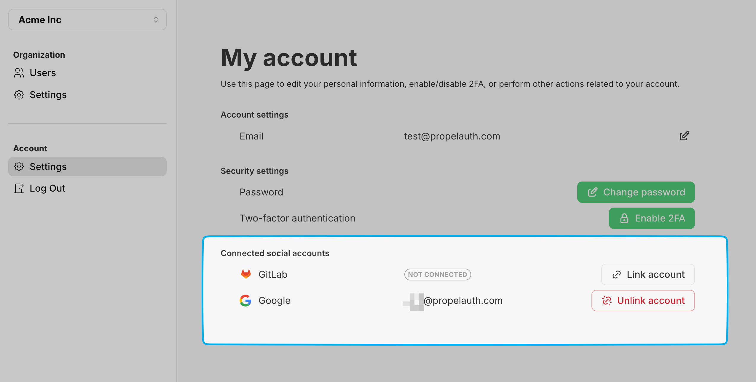 User account page with social account linking