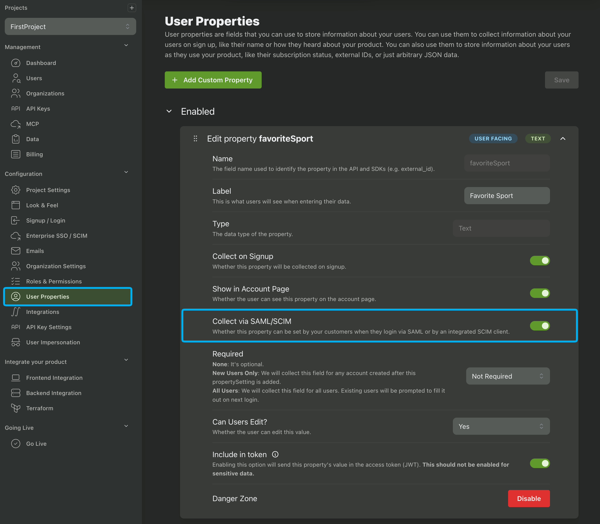 Enabling properties to be collected via SAML/SCIM