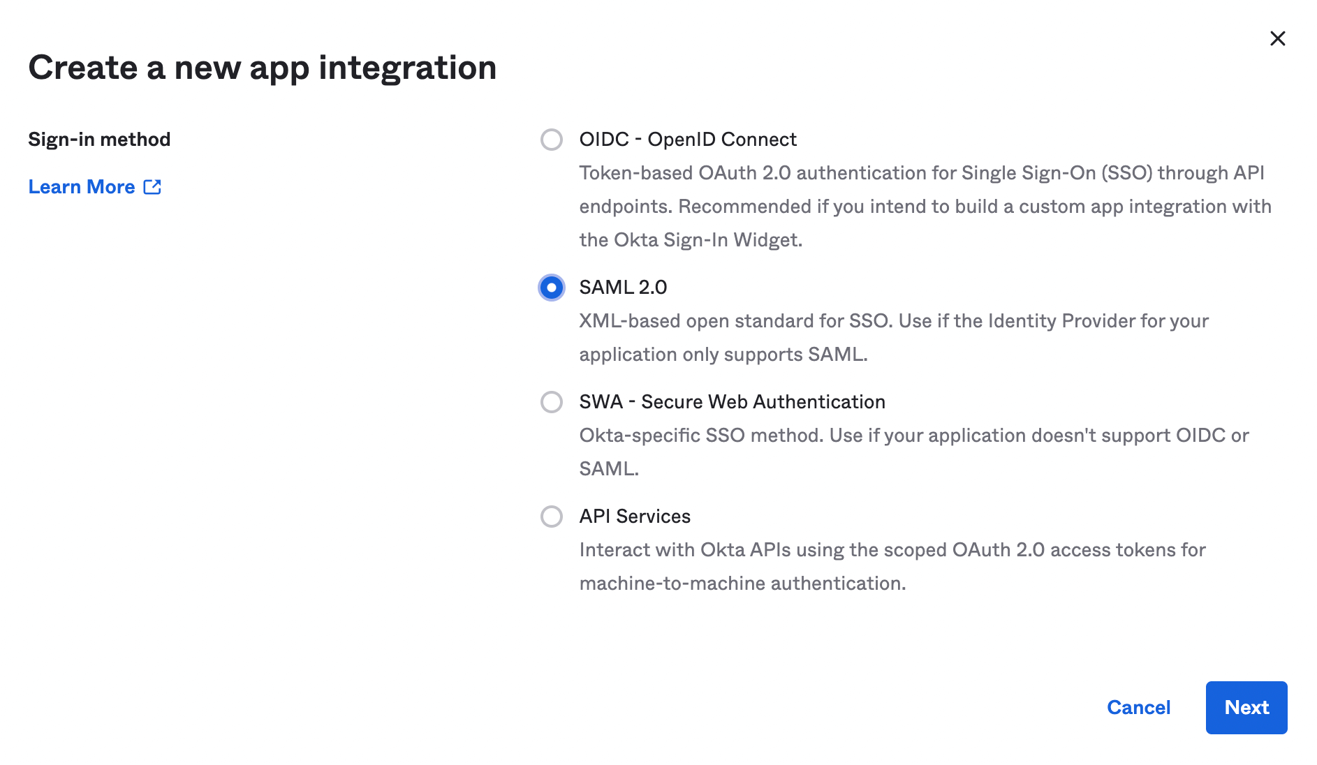 Select SAML 2.0